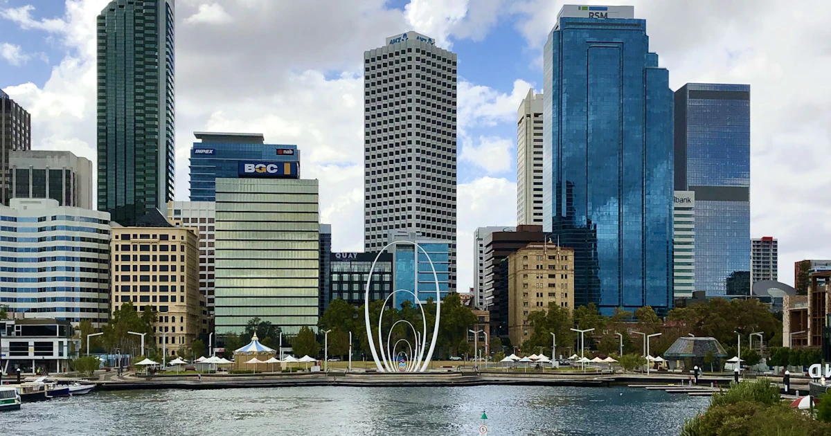 Perth skyline and the Spanda sculpture on the Elizabeth Quay waterfront